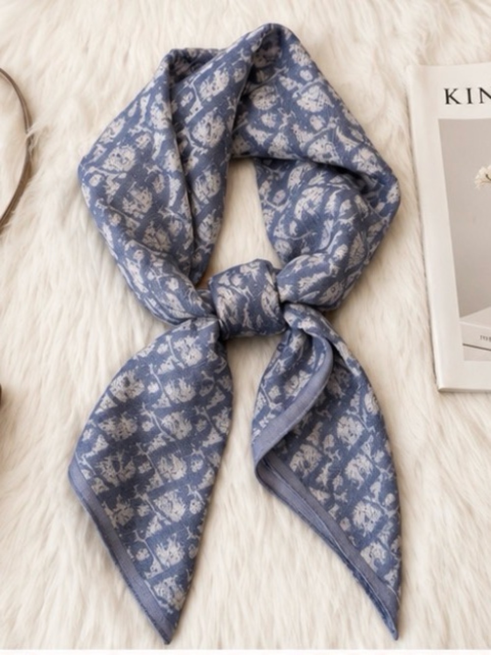 Blue & Ivory Designer-Inspired Toile Print Scarf Hair Tie